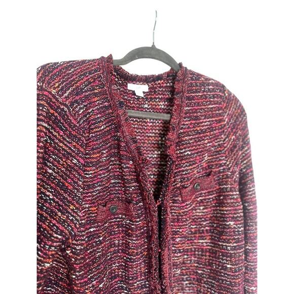 J.Jill Tweed Sweater Cardigan Size Large Burgundy Fringe Knit Blazer Career - Picture 3 of 11